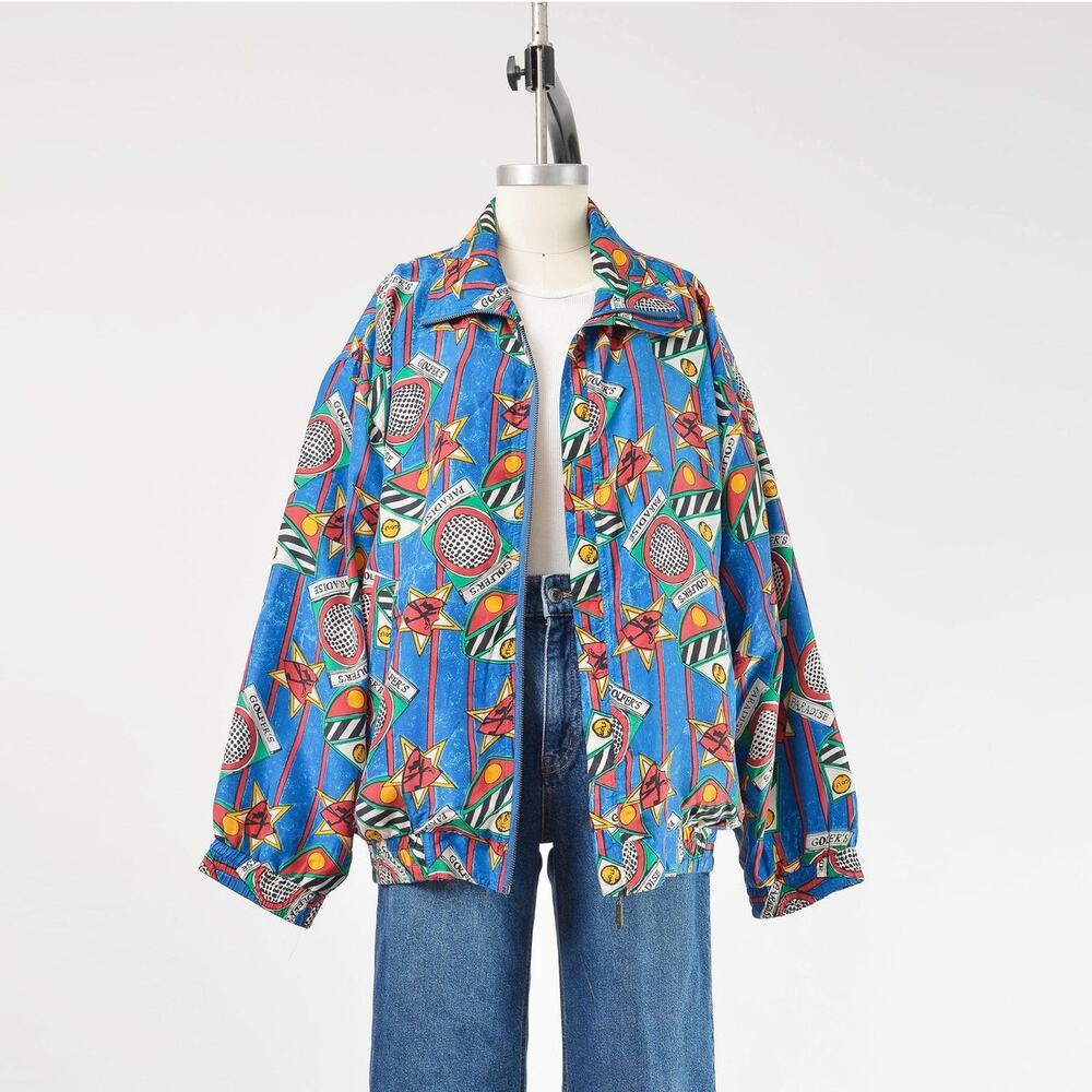 Vintage 90s Silk Golf Jacket Golfer's Paradise Novelty Print Bomber Unisex L XL